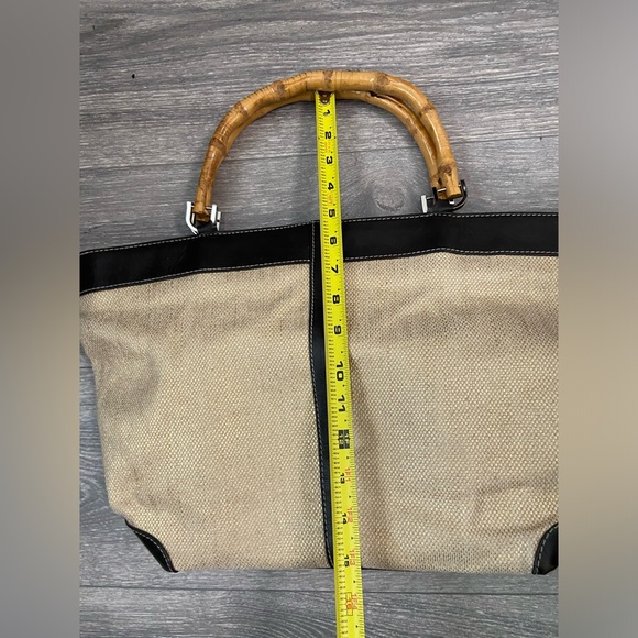 Kate Landry Woven Mettalic Straw Tote Leather Trim & Dual Bamboo Handles Bag - Picture 5 of 12